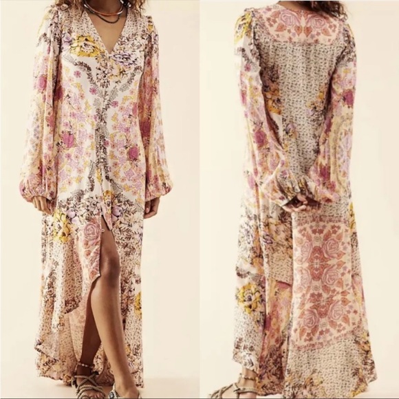Free People Dresses & Skirts - NWOT Free People Marais Printed Midi Dress Floral Ruffle Hi Lo Ivory Pink Gold